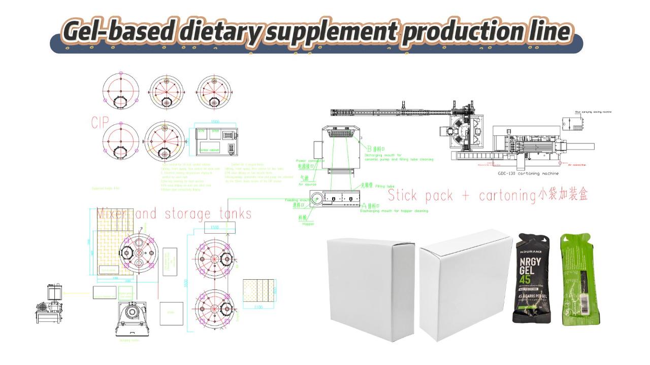 Ligne de remplissage de sachets nutraceutiques en gel clé en main – Convoyage de poudre sous vide, émulsification et encartonnage automatique